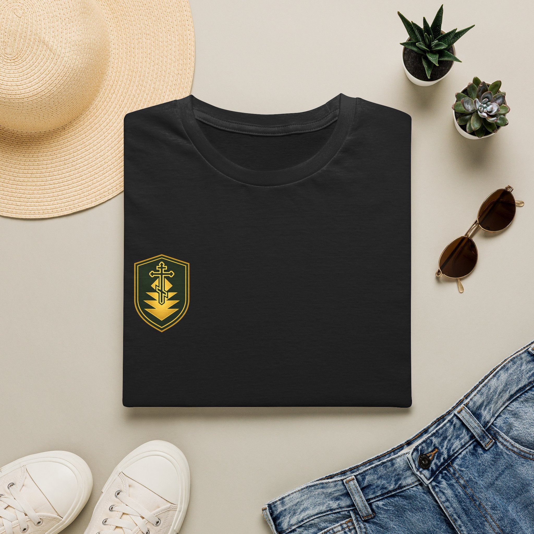 Shield Crest T-Shirt — Minimalist Green & Gold Logo Tee