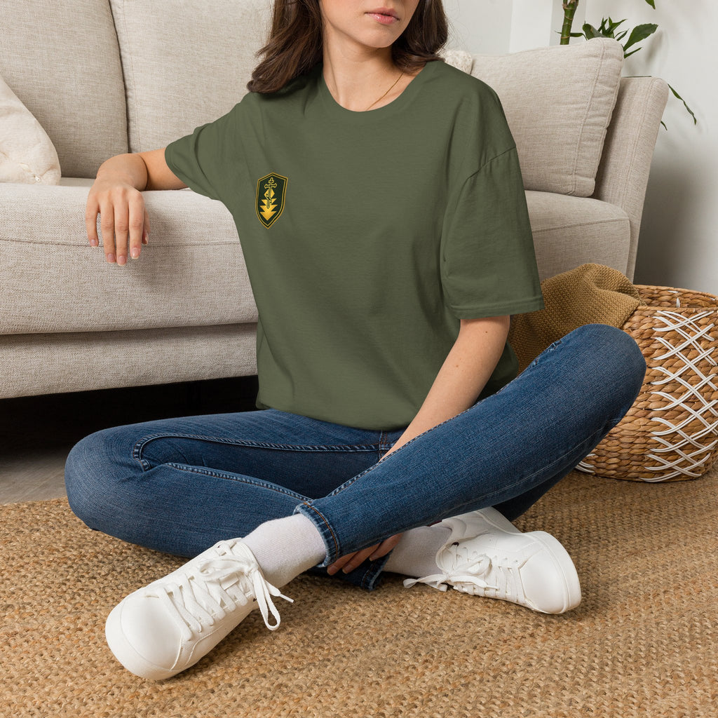 Shield Crest T-Shirt — Minimalist Green & Gold Logo Tee