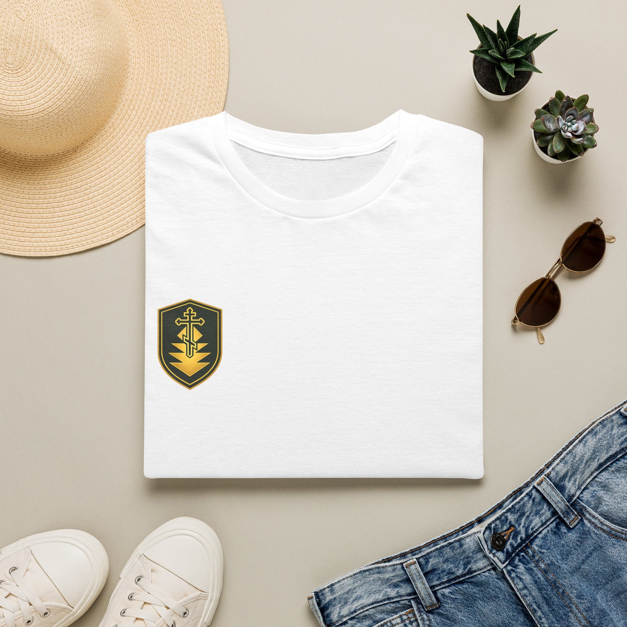 Shield Crest T-Shirt — Minimalist Green & Gold Logo Tee