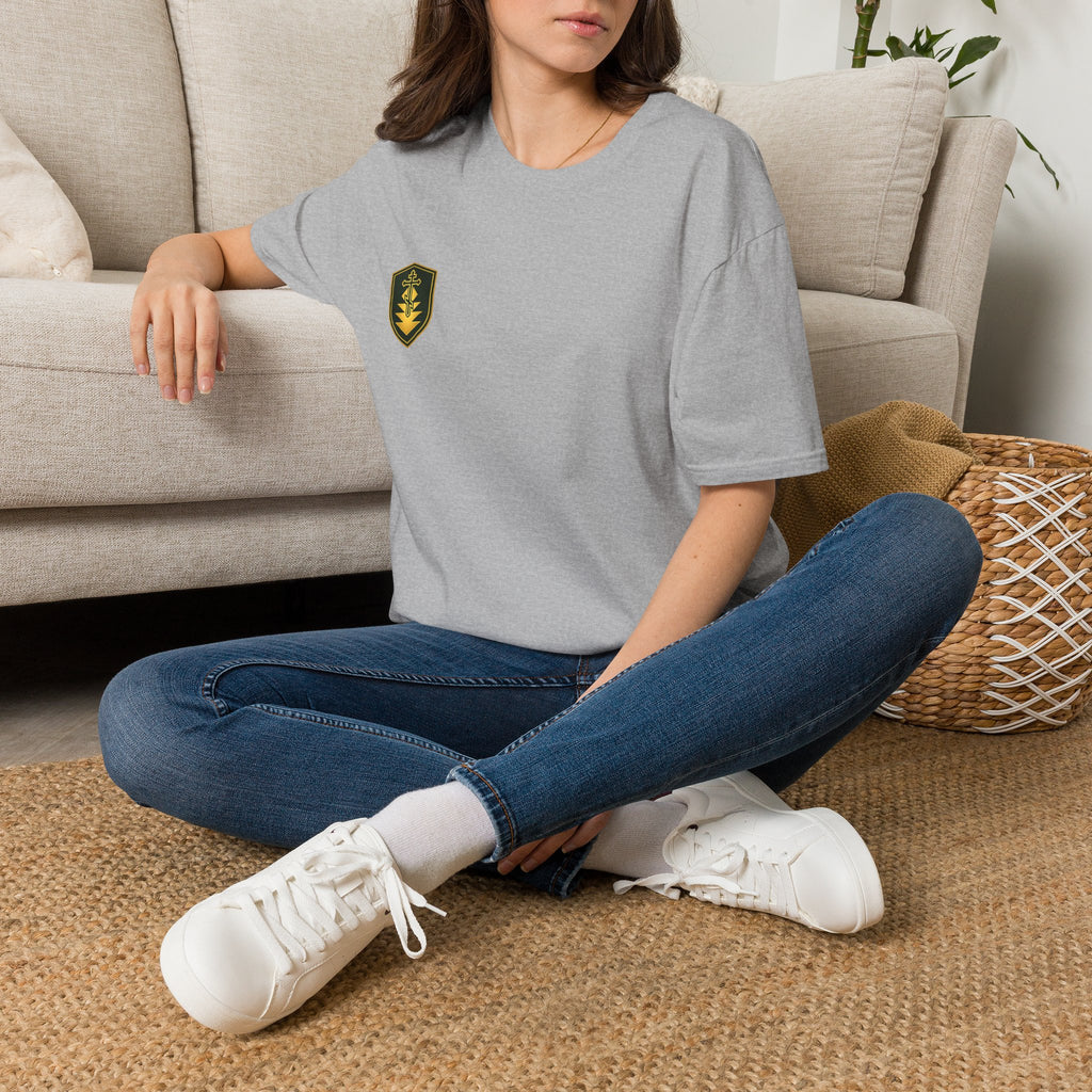 Shield Crest T-Shirt — Minimalist Green & Gold Logo Tee