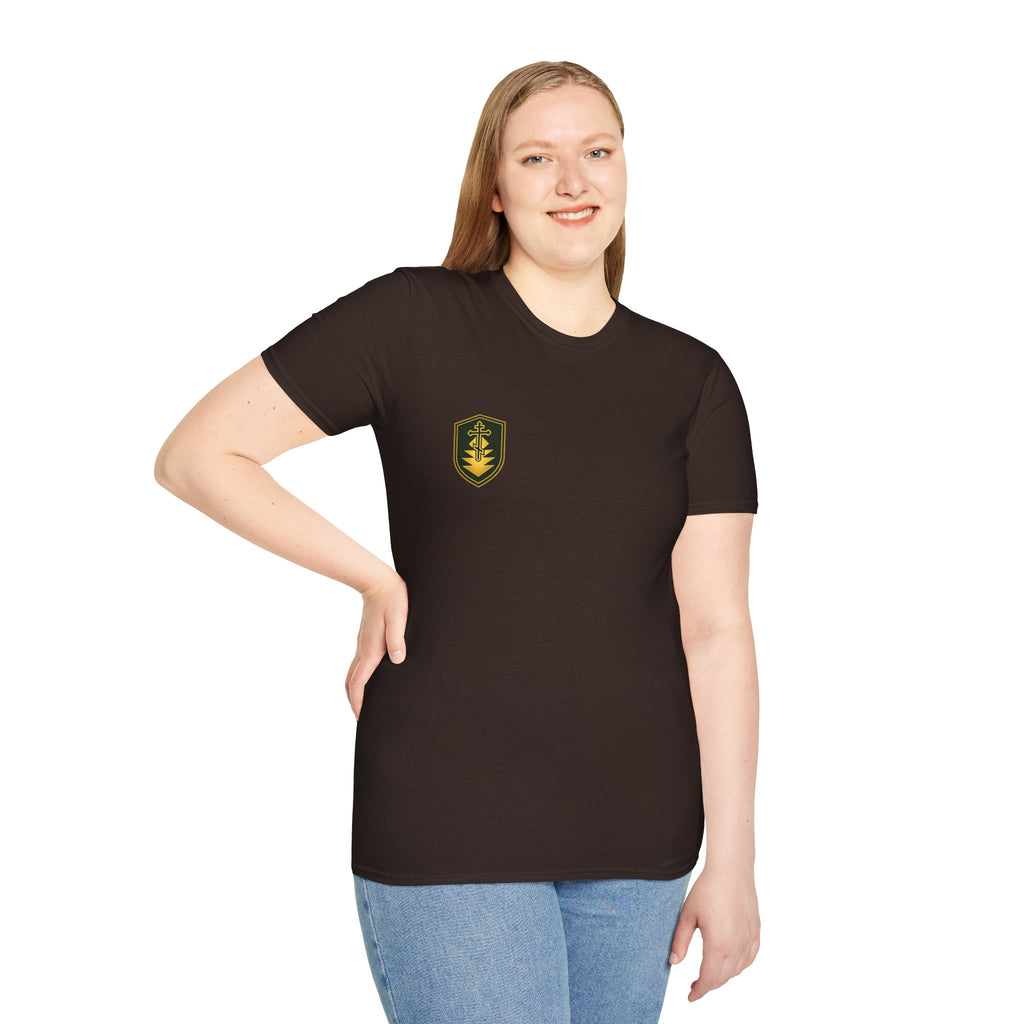 Shield Crest T-Shirt — Minimalist Green & Gold Logo Tee