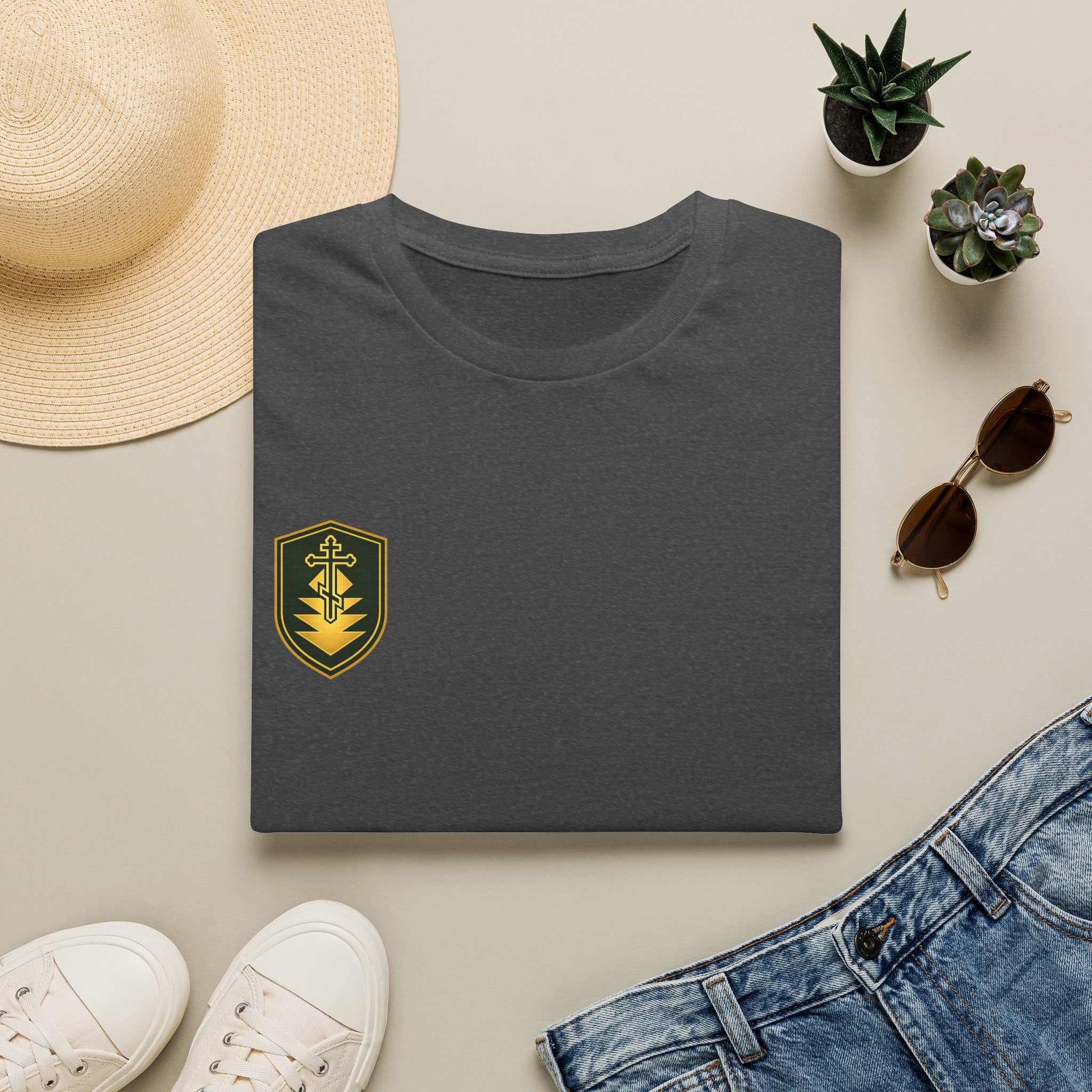 Shield Crest T-Shirt — Minimalist Green & Gold Logo Tee