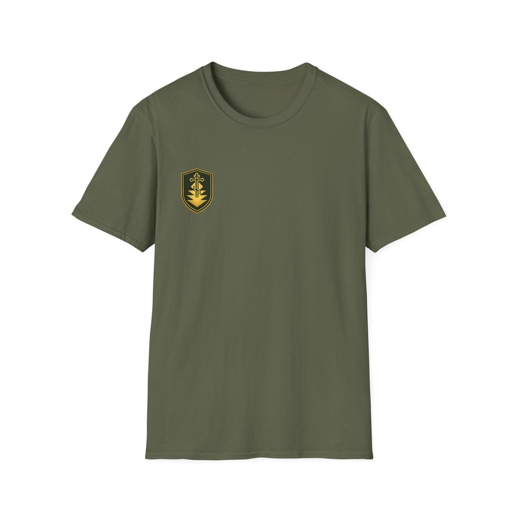 Shield Crest T-Shirt — Minimalist Green & Gold Logo Tee