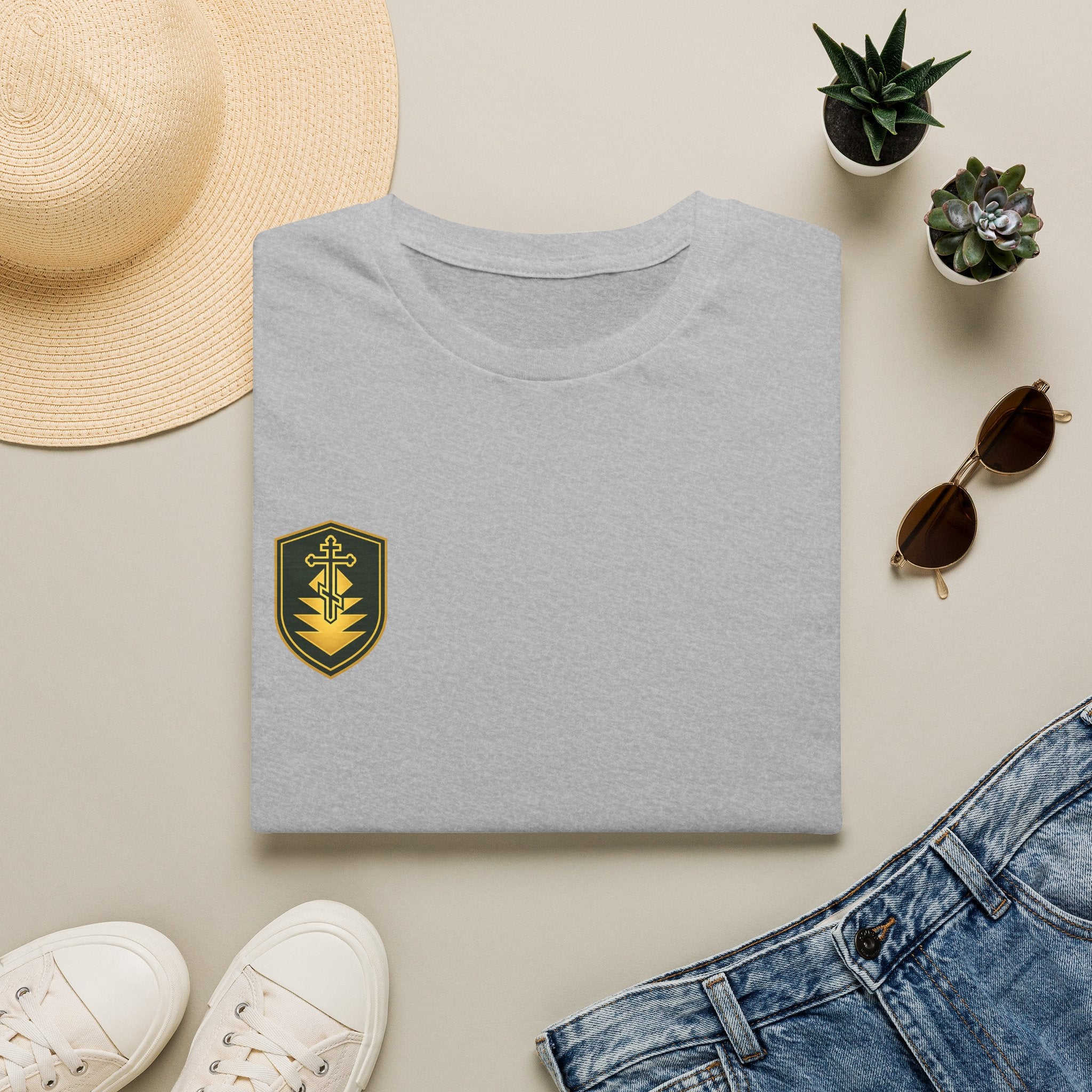 Shield Crest T-Shirt — Minimalist Green & Gold Logo Tee
