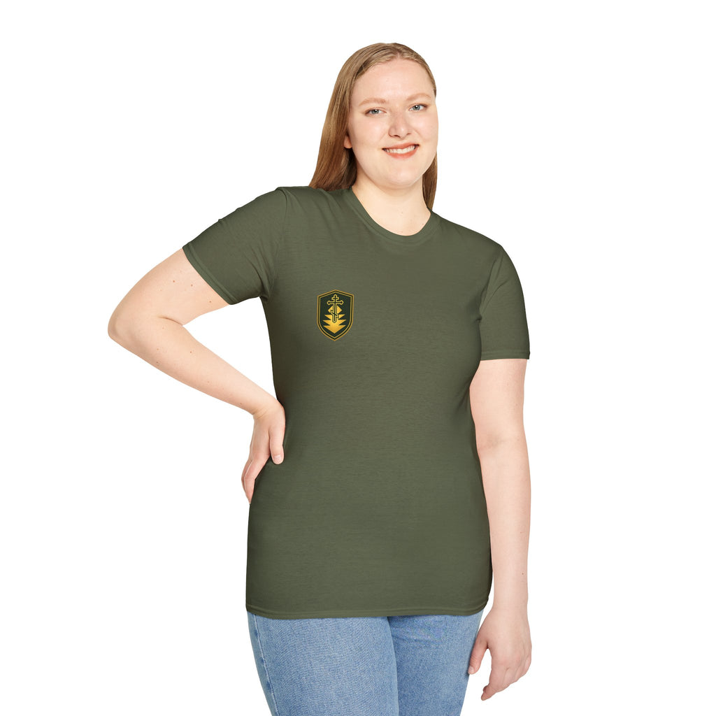 Shield Crest T-Shirt — Minimalist Green & Gold Logo Tee