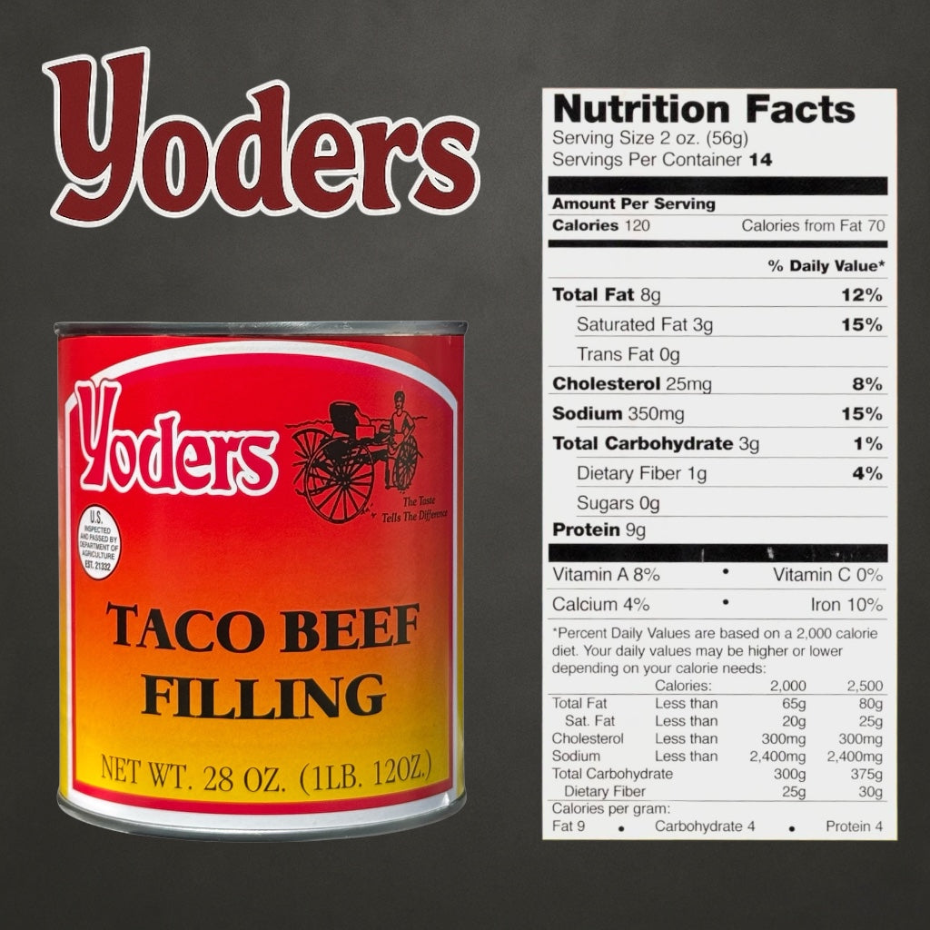 Yoder’s Canned Taco Beef Filling — 28 oz, Fully Cooked (10+ Year Shelf Life)