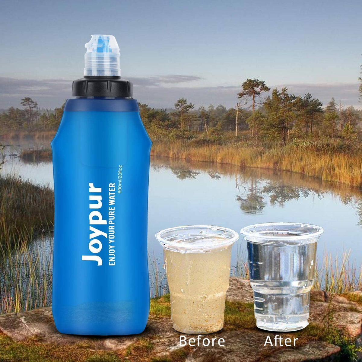Joypur hollow-fiber personal water purifier filtering murky pond water into clean drinking water, shown before and after