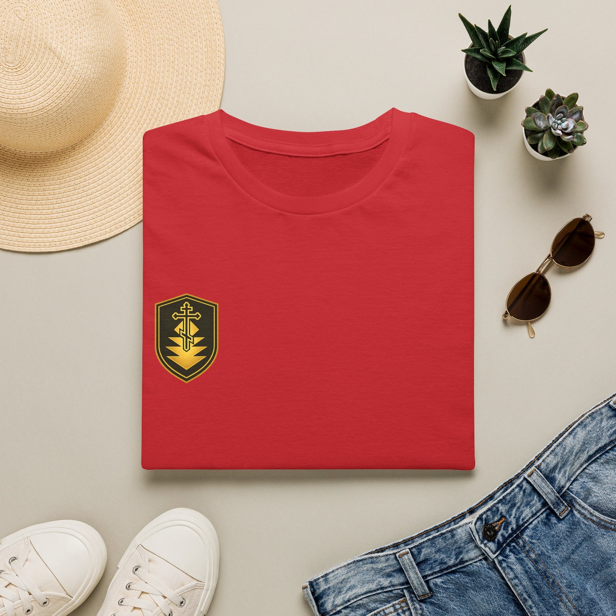 Shield Crest T-Shirt — Minimalist Green & Gold Logo Tee