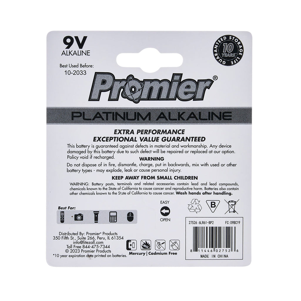 Promier® 9v Platinum Alkaline Battery 2 Pack