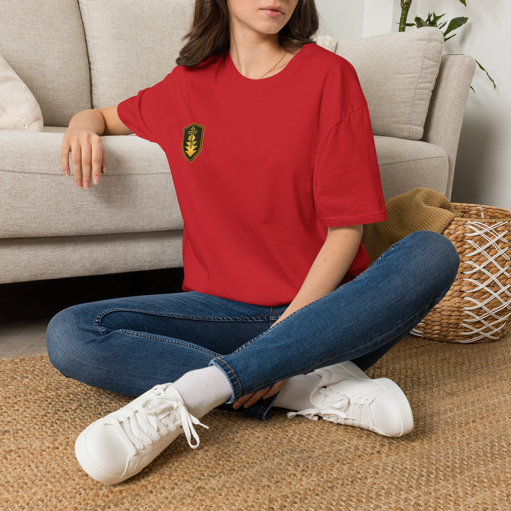 Shield Crest T-Shirt — Minimalist Green & Gold Logo Tee