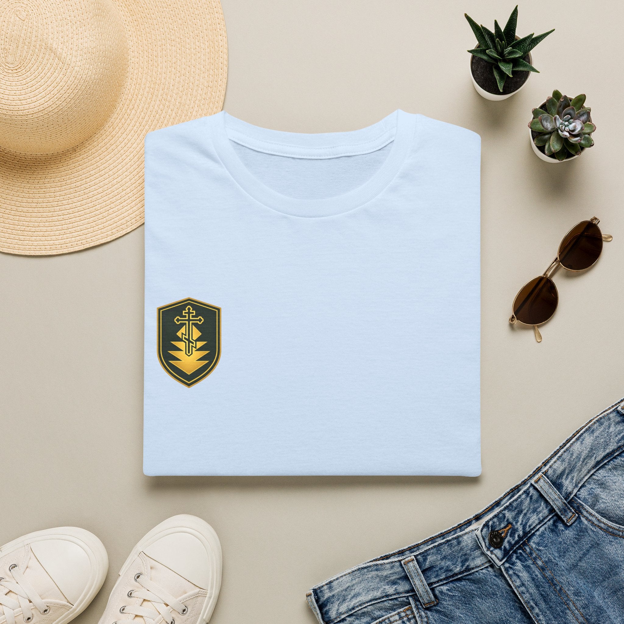 Shield Crest T-Shirt — Minimalist Green & Gold Logo Tee