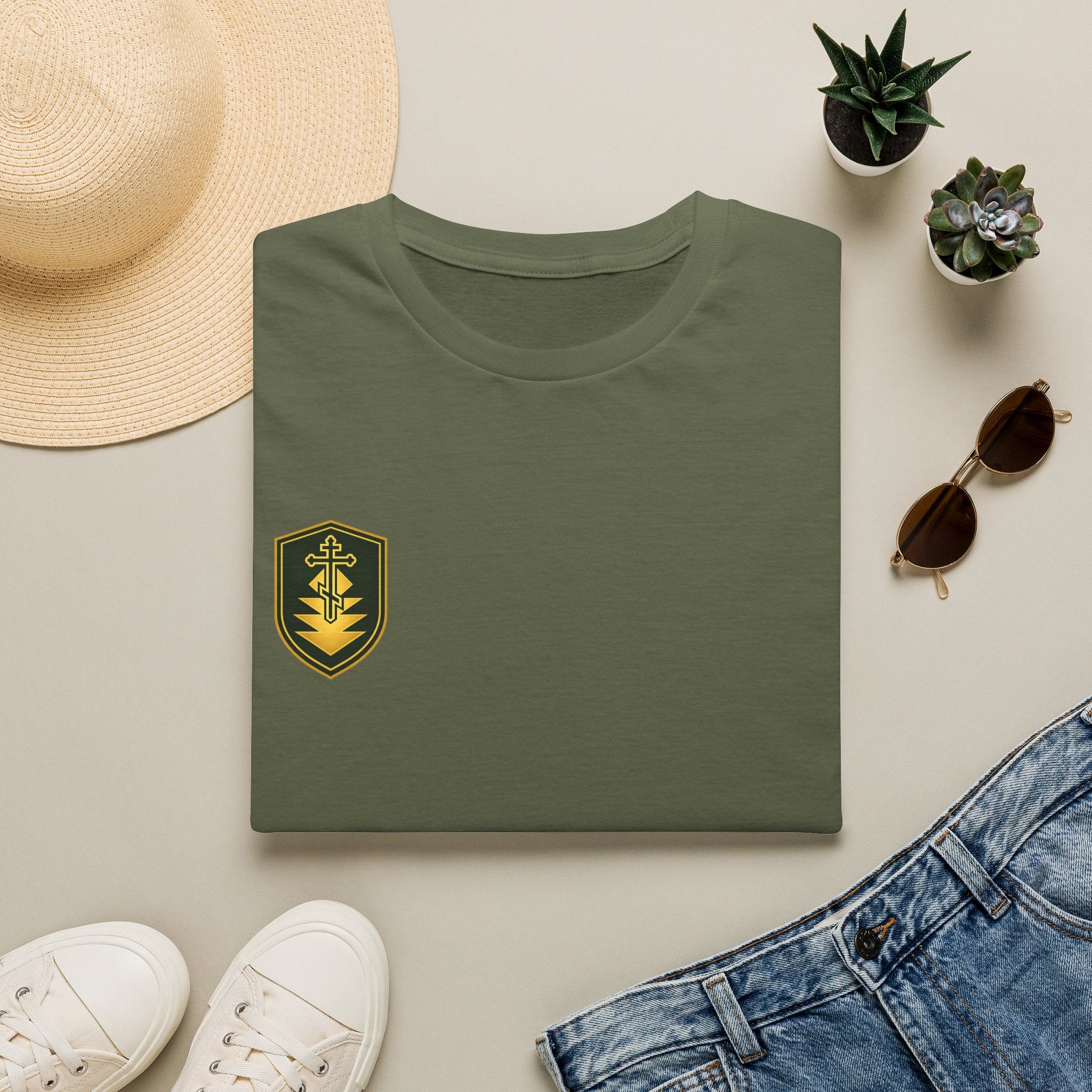 Shield Crest T-Shirt — Minimalist Green & Gold Logo Tee