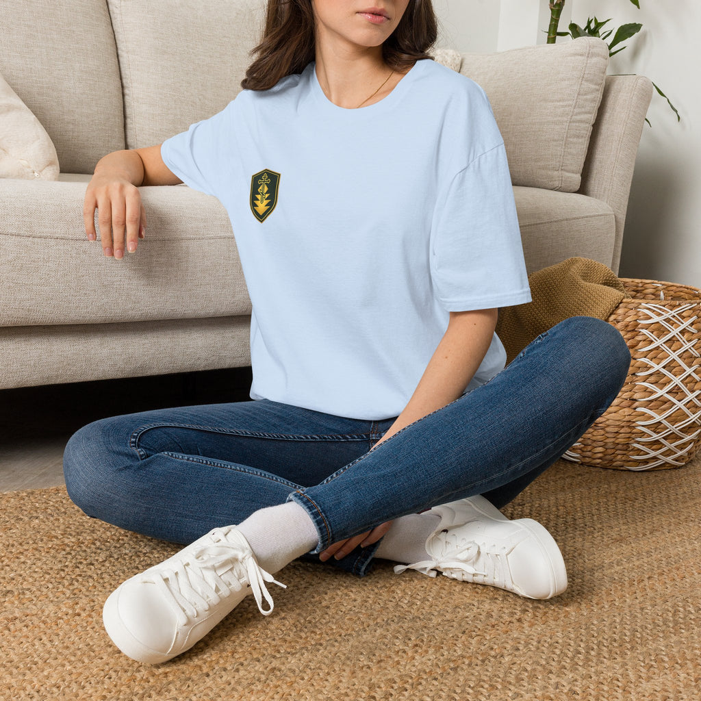 Shield Crest T-Shirt — Minimalist Green & Gold Logo Tee