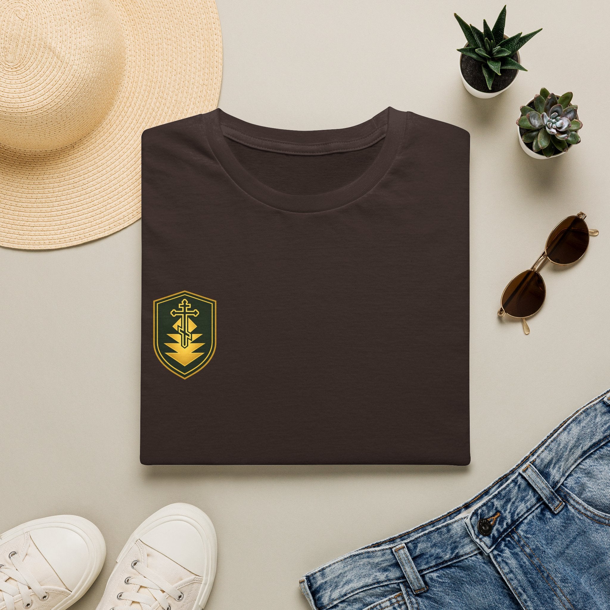 Shield Crest T-Shirt — Minimalist Green & Gold Logo Tee