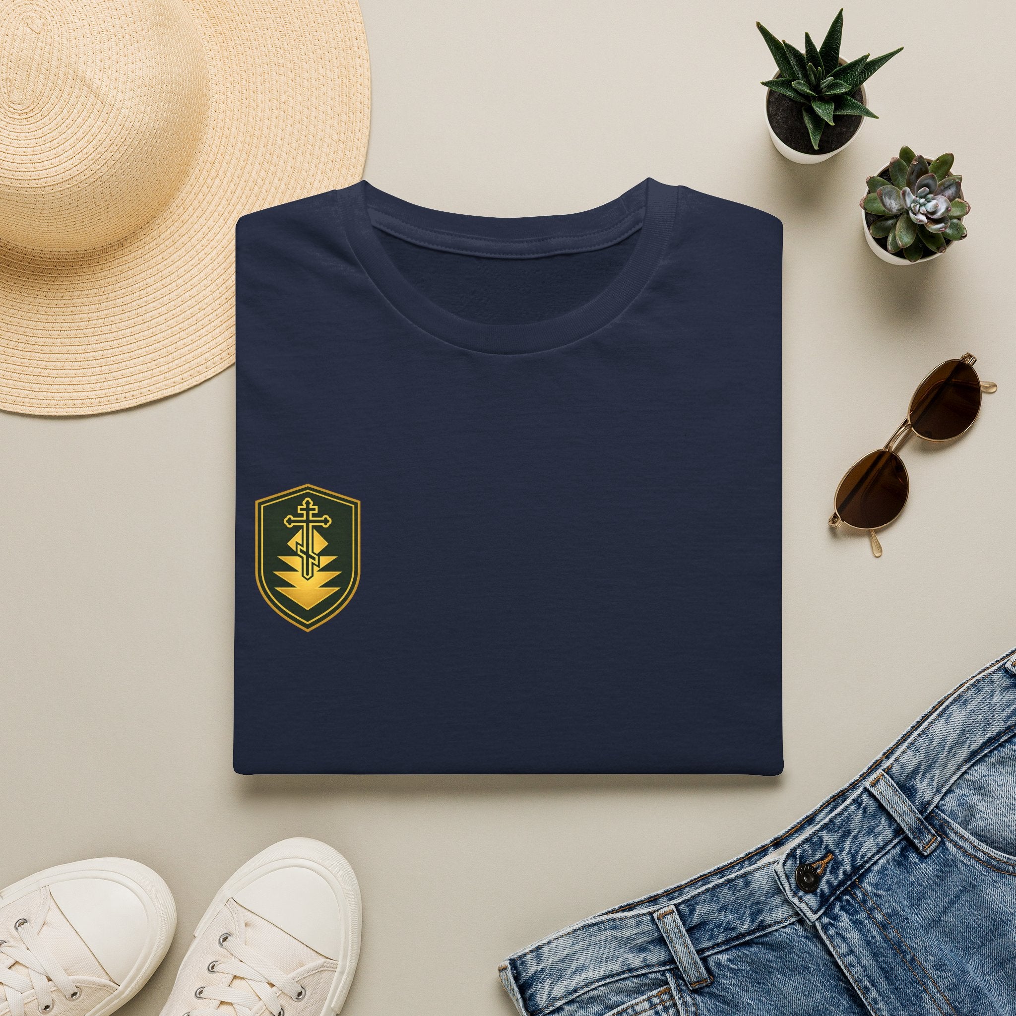 Shield Crest T-Shirt — Minimalist Green & Gold Logo Tee