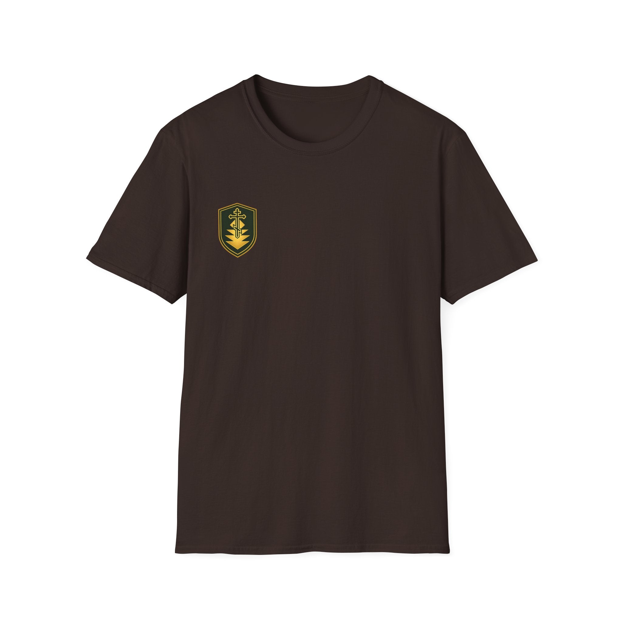 Shield Crest T-Shirt — Minimalist Green & Gold Logo Tee