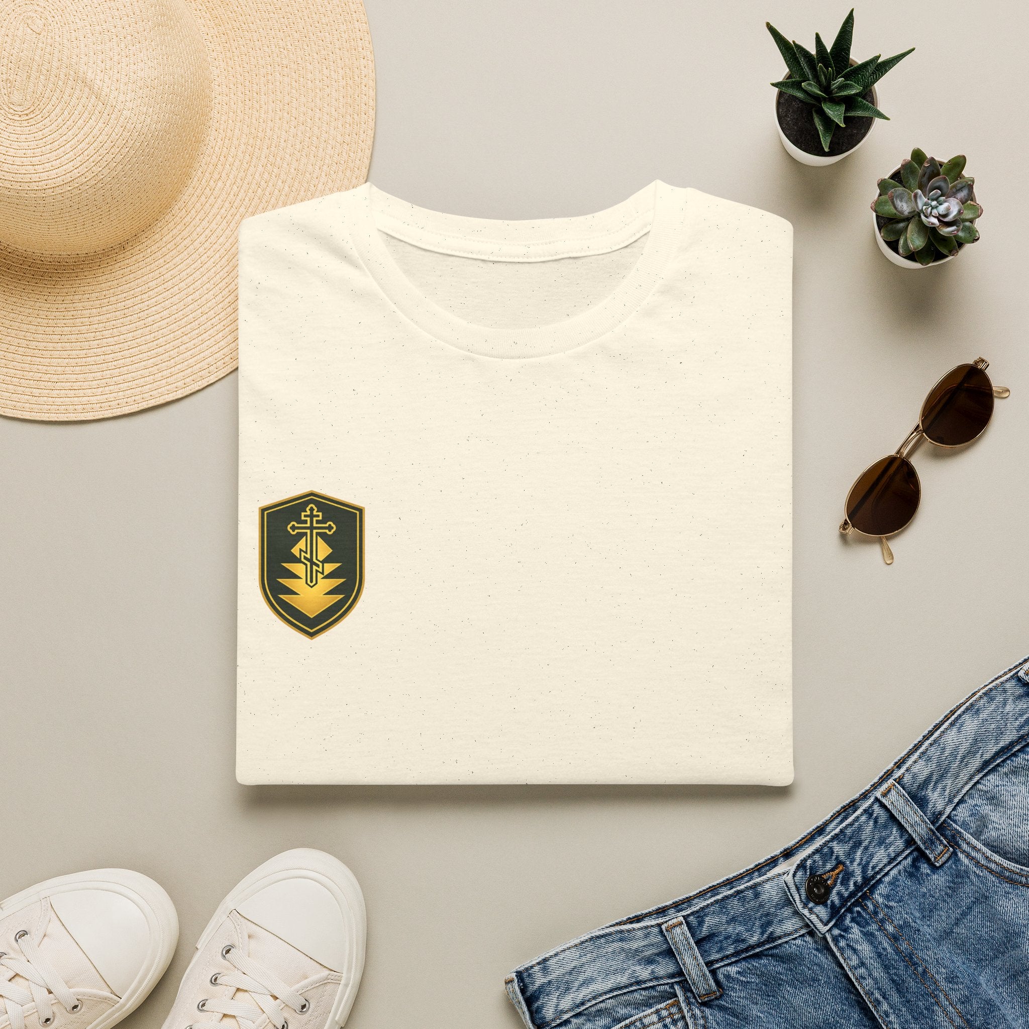 Shield Crest T-Shirt — Minimalist Green & Gold Logo Tee