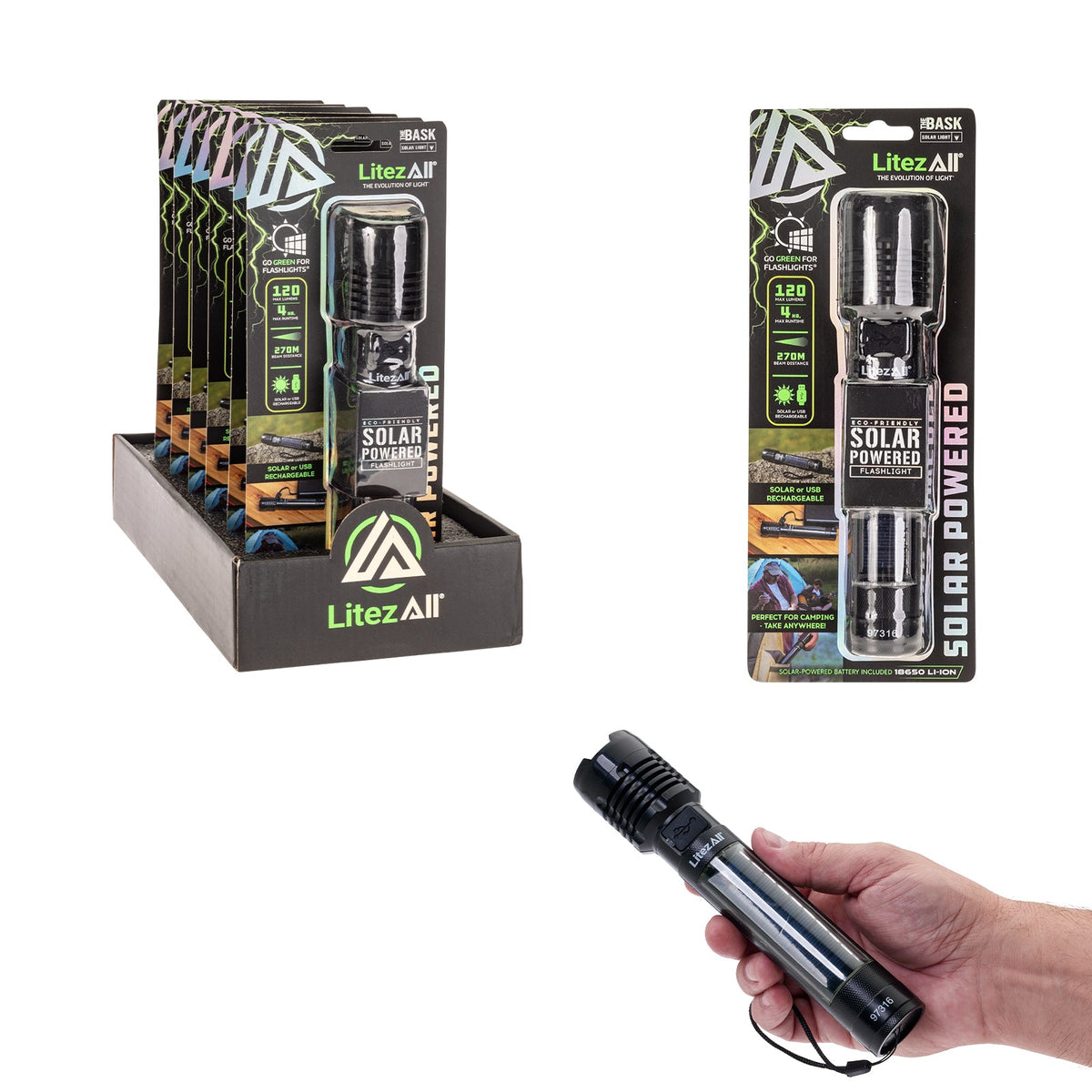 LitezAll® Bask Solar Powered & USB Rechargeable Flashlight