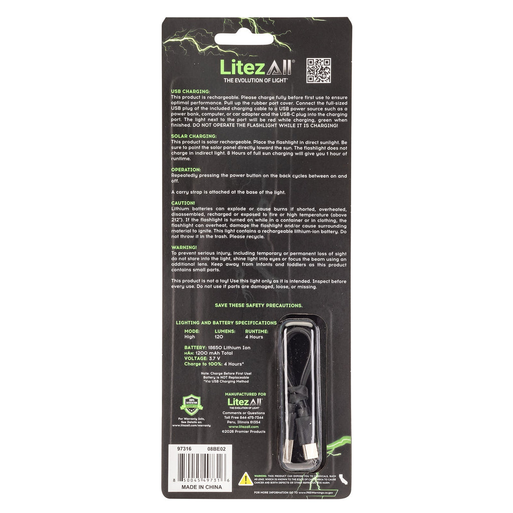 LitezAll® Bask Solar Powered & USB Rechargeable Flashlight