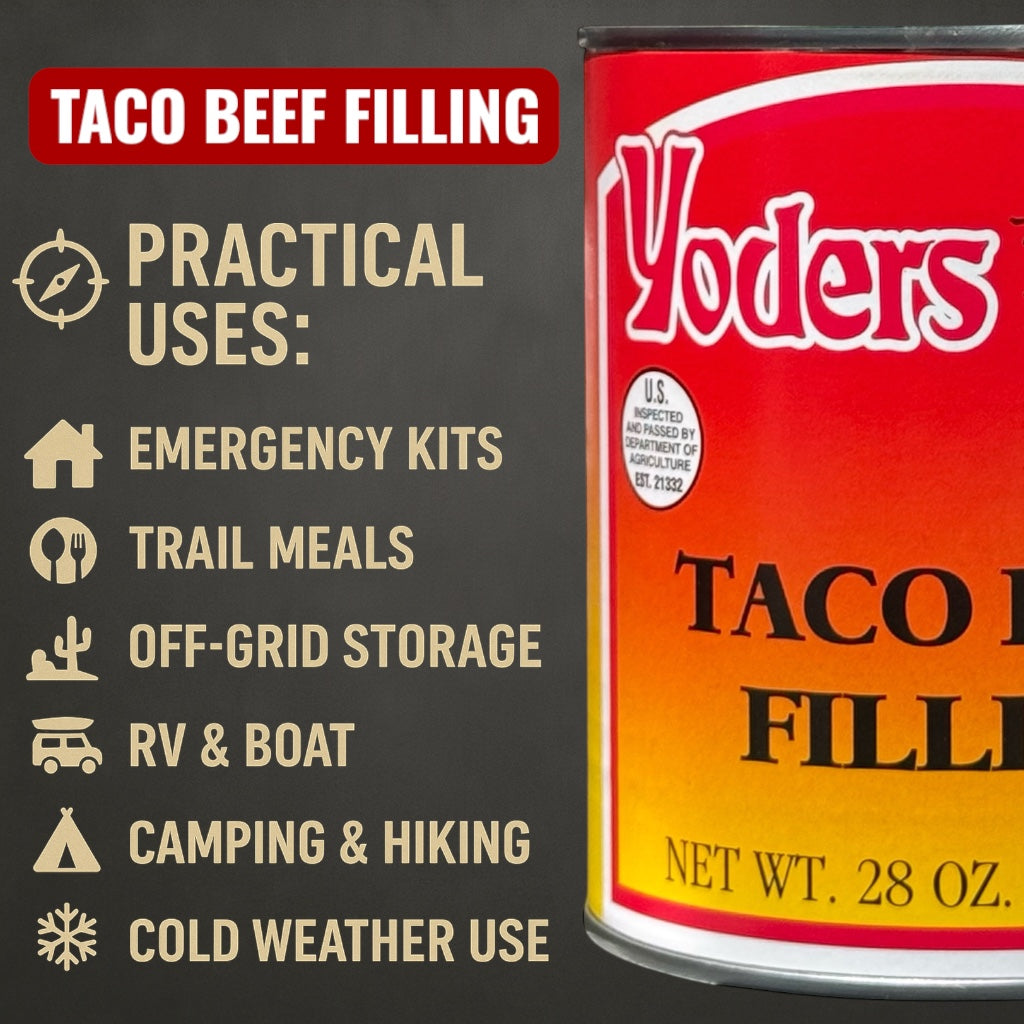 Yoder’s Canned Taco Beef Filling — 28 oz, Fully Cooked (10+ Year Shelf Life)